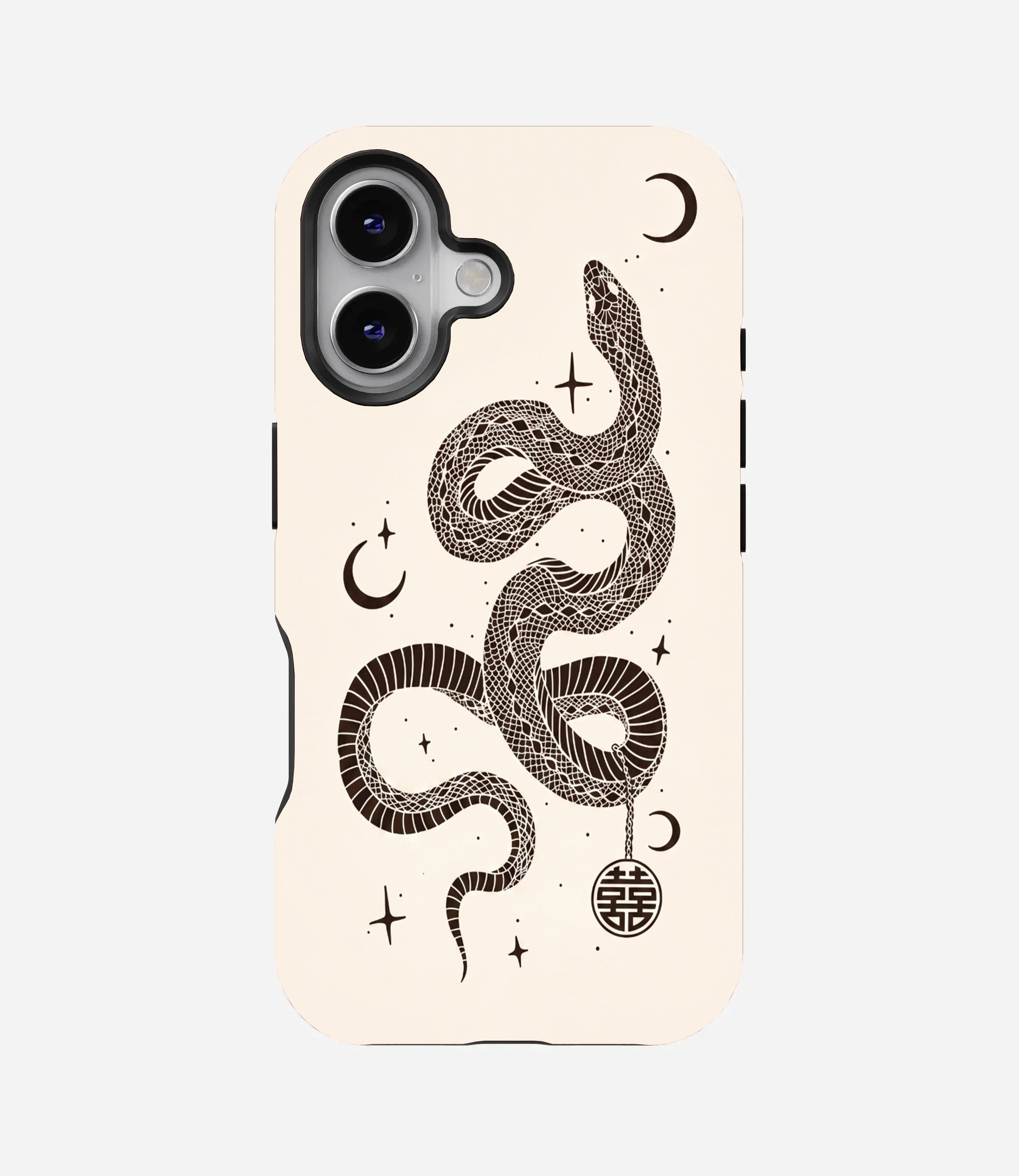 Off-white phone case featuring a detailed black snake, crescent moons, stars, and a double happiness symbol.